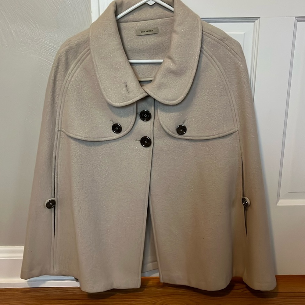 Burberry one-size shall coat, tan with a light silver shimmer undertone.